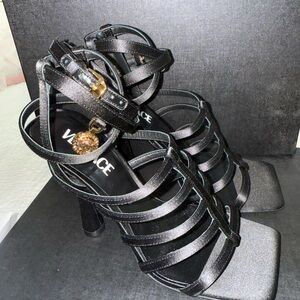 Versace Black and Gold Strappy Heels